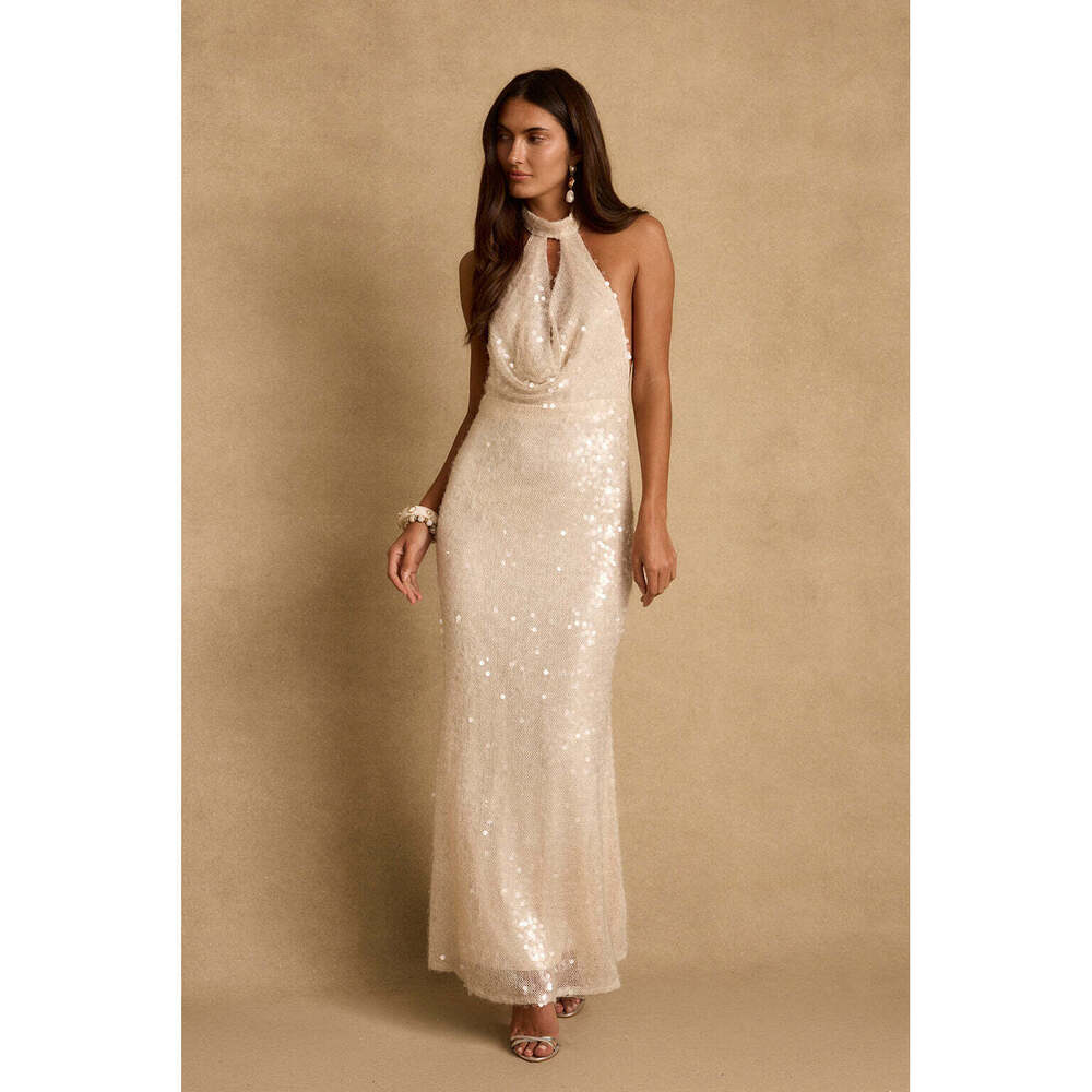 12th Tribe Noella Champagne Sequin Maxi Dress Size LL